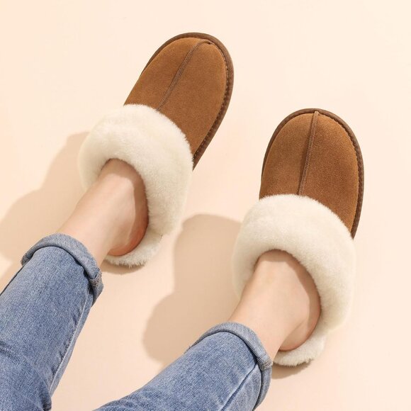 Women's Leather Fuzzy Light Brown Winter Warm Scuff Cozy Slip On Slippers Shoes - Picture 2 of 7